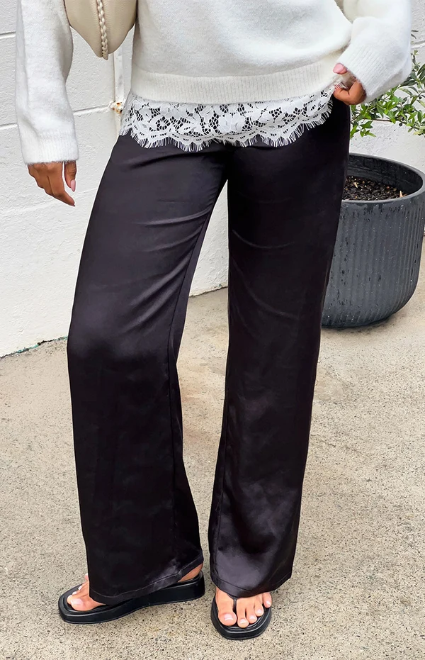 Orla Black Satin Straight Leg Pants