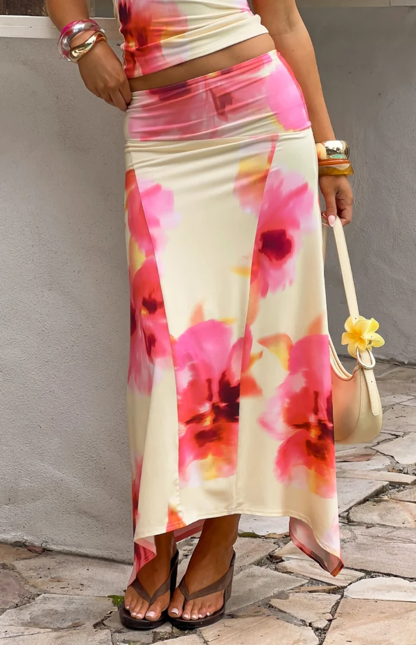 Alora Yellow and Pink Floral Print Hanky Hem Maxi Skirt