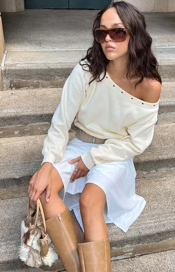 Bambi Cream Asymmetric Neckline Eyelet Sweater