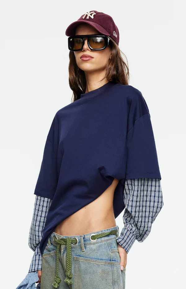 Lioness Bottega Navy Layered Contrast Sleeve Shirt