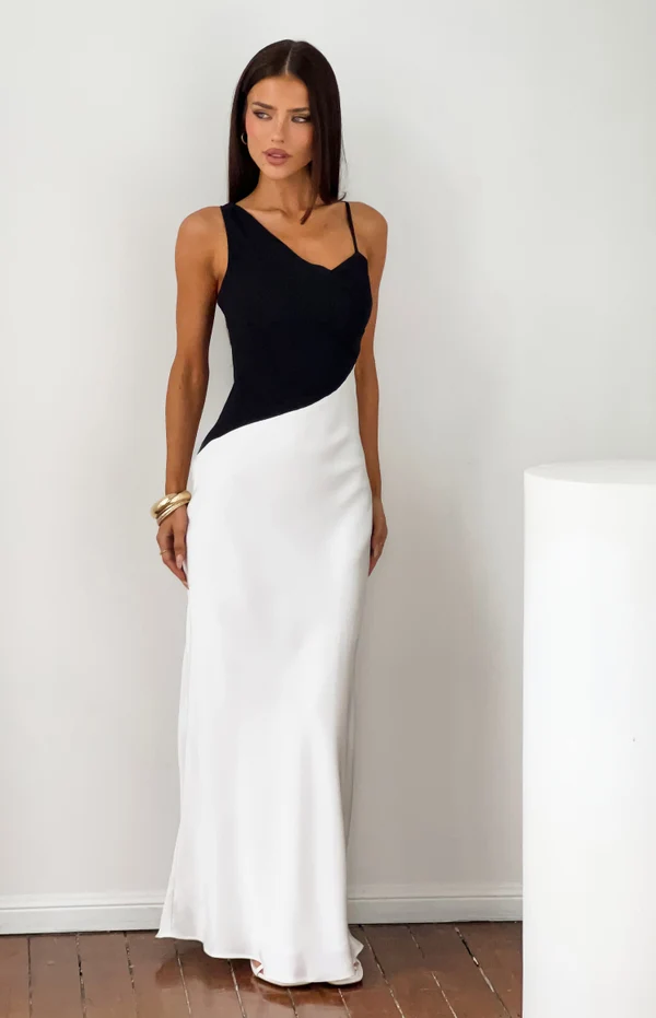 Elise Black Satin Cowl Front Formal Maxi Dress