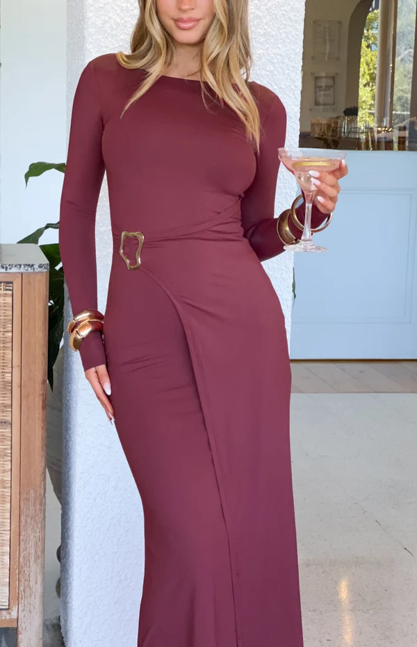 Misaki Burgundy Long Sleeve Wrap Maxi Dress