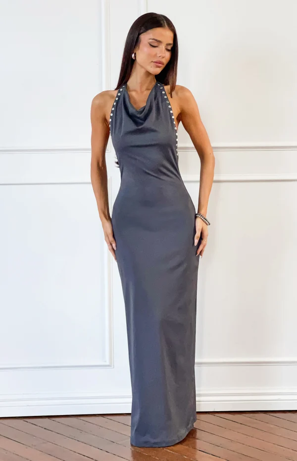 Tsuki Grey Stud Detail Cowl Neck Maxi Dress