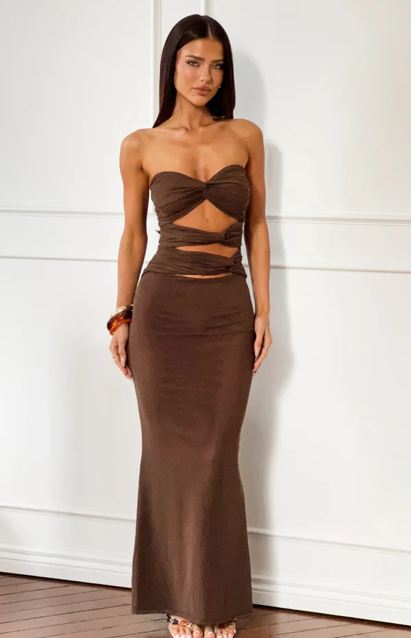 Junipa Chocolate Brown Strapless Cutout Maxi Dress