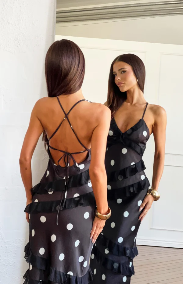 Inara Black Polka Dot Ruffle Maxi Dress