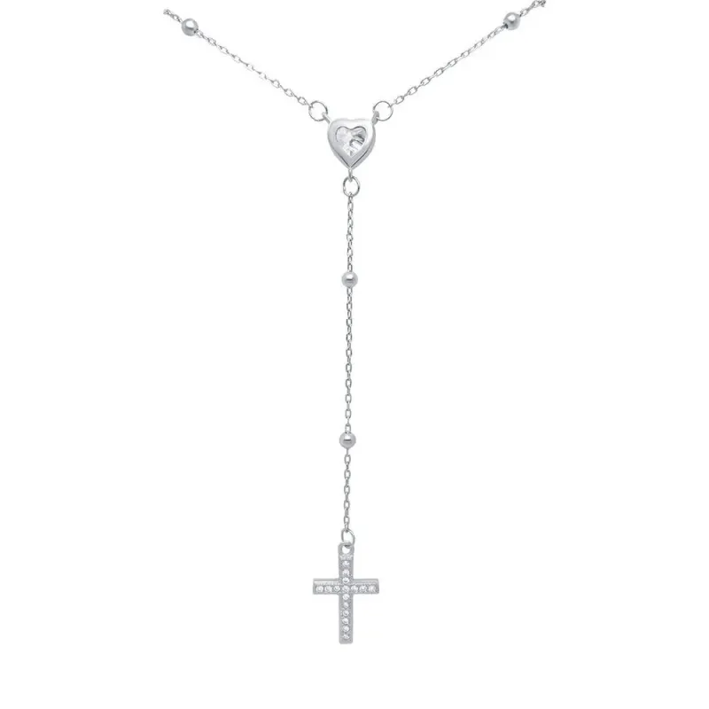 45cm Cross and Heart Rosary Necklace with Cubic Zirconia in Sterling Silver