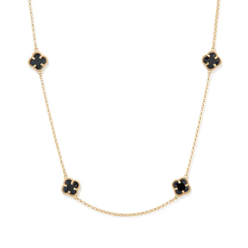43cm Black Crystal Clover Station Chain Necklace in 9kt Bonded Gold Silver Filled