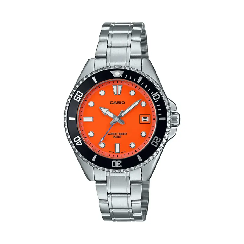 Casio Silver and Orange Analogue Watch MDV10D-4A1