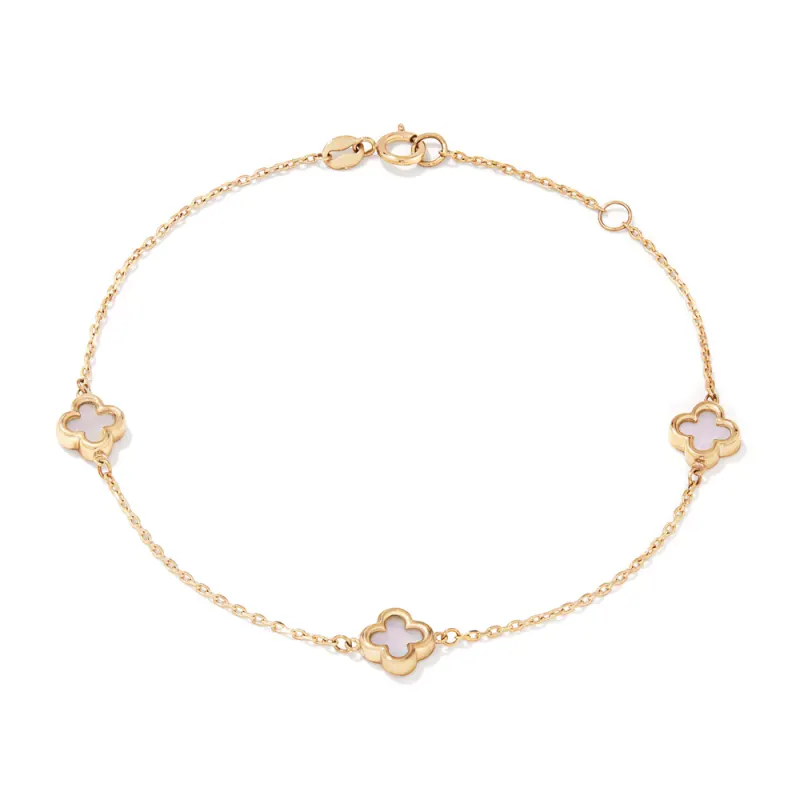 19cm Mother of Pearl Clover Station Bracelet in 9kt Yellow Gold