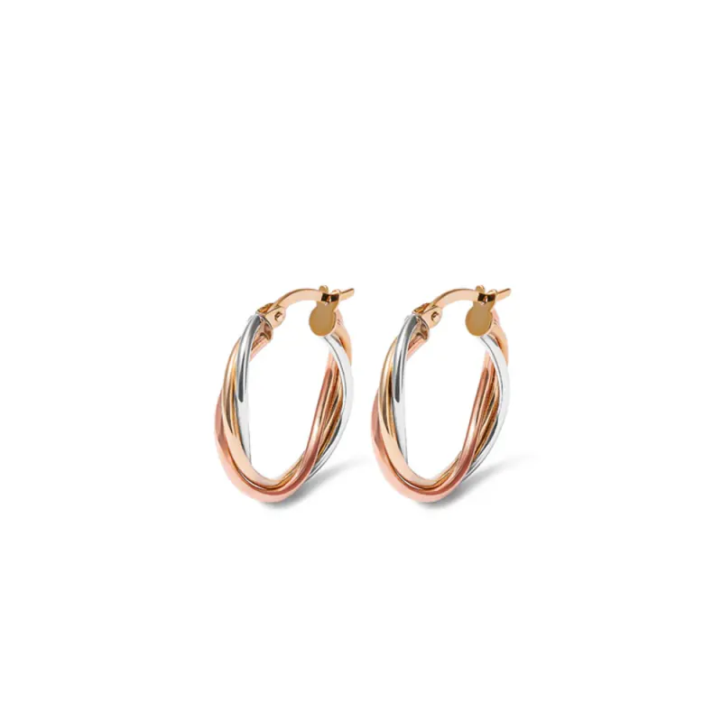 15mm Three Strand Twist Hoop Earrings in 9kt Tri-colour Gold