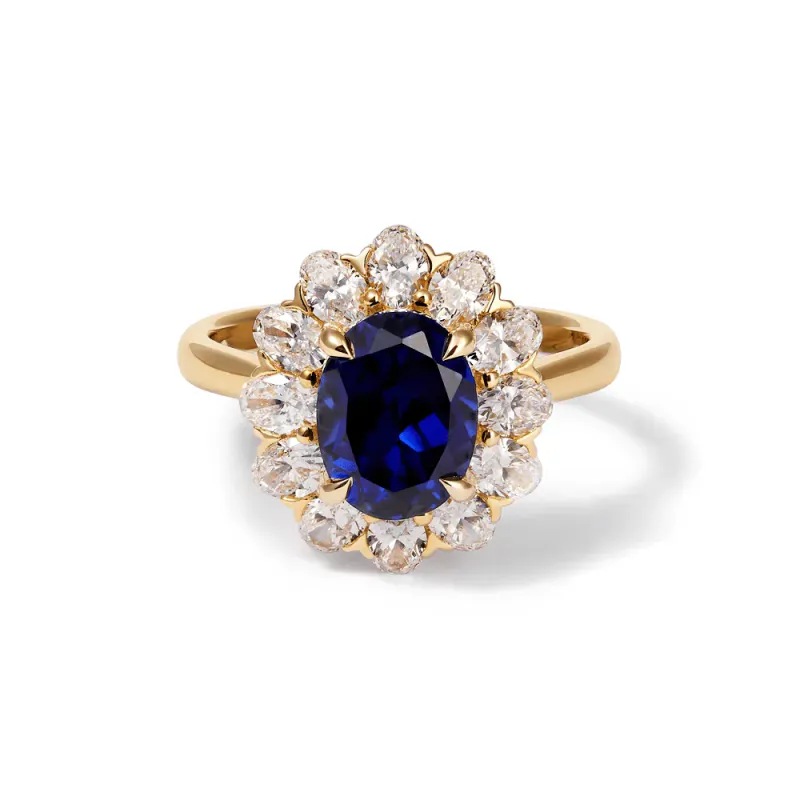 Oval Created Sapphire Halo Ring with 1.20tw of Laboratory-Grown Diamonds in 9kt Yellow Gold