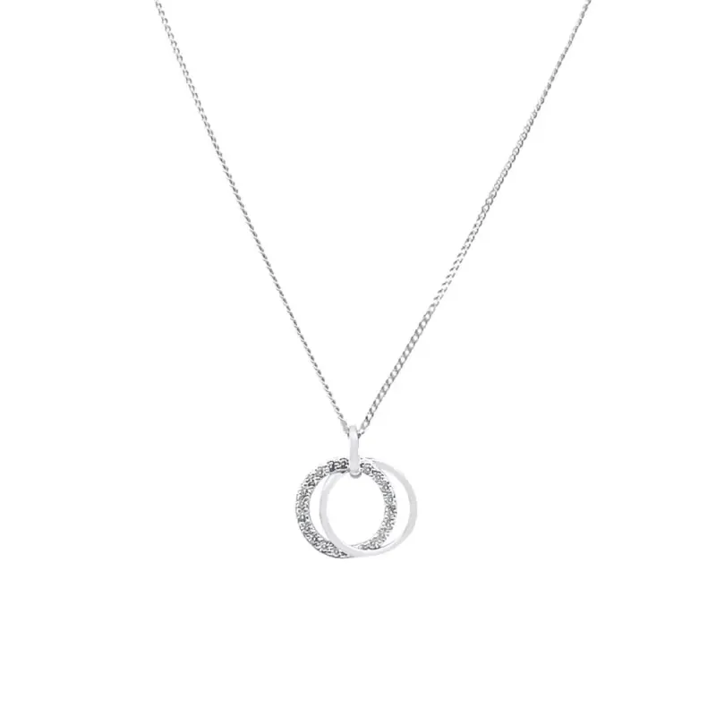 45cm Double Open Circle Pendant Necklace with Cubic Zirconia in Sterling Silver