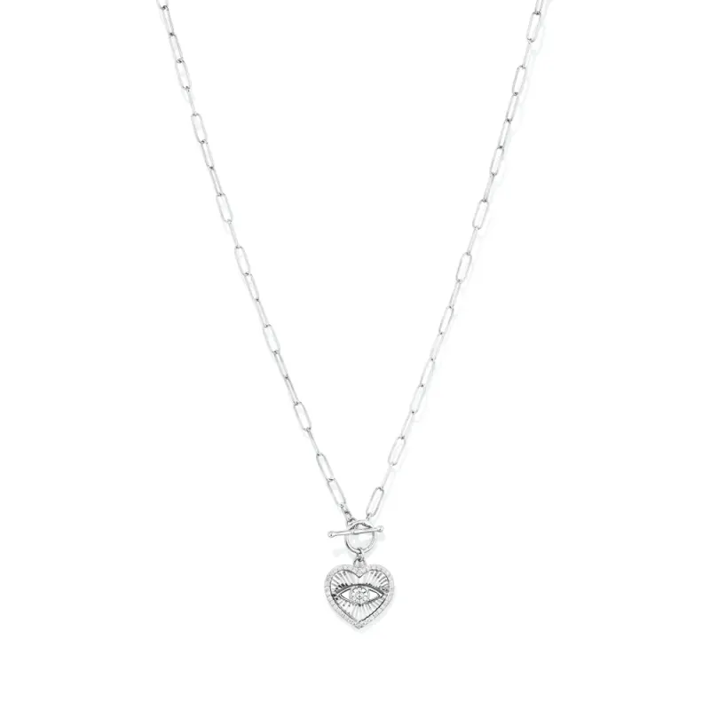 45cm Cubic Zirconia Heart with Evil Eye Paperclip Necklace in Sterling Silver