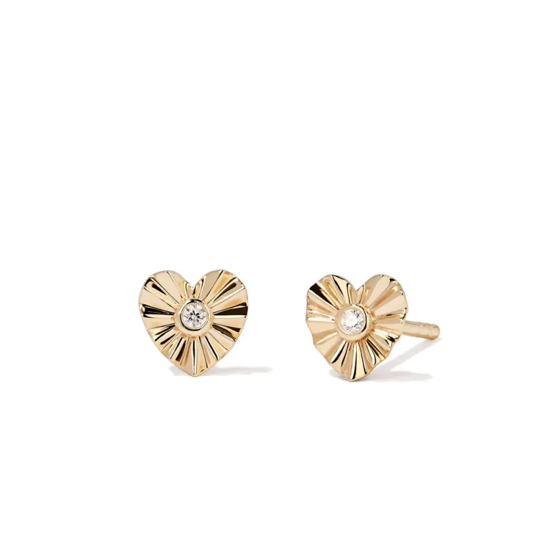 Cubic Zirconia Fluted Heart Stud Earrings in 9kt Yellow Gold