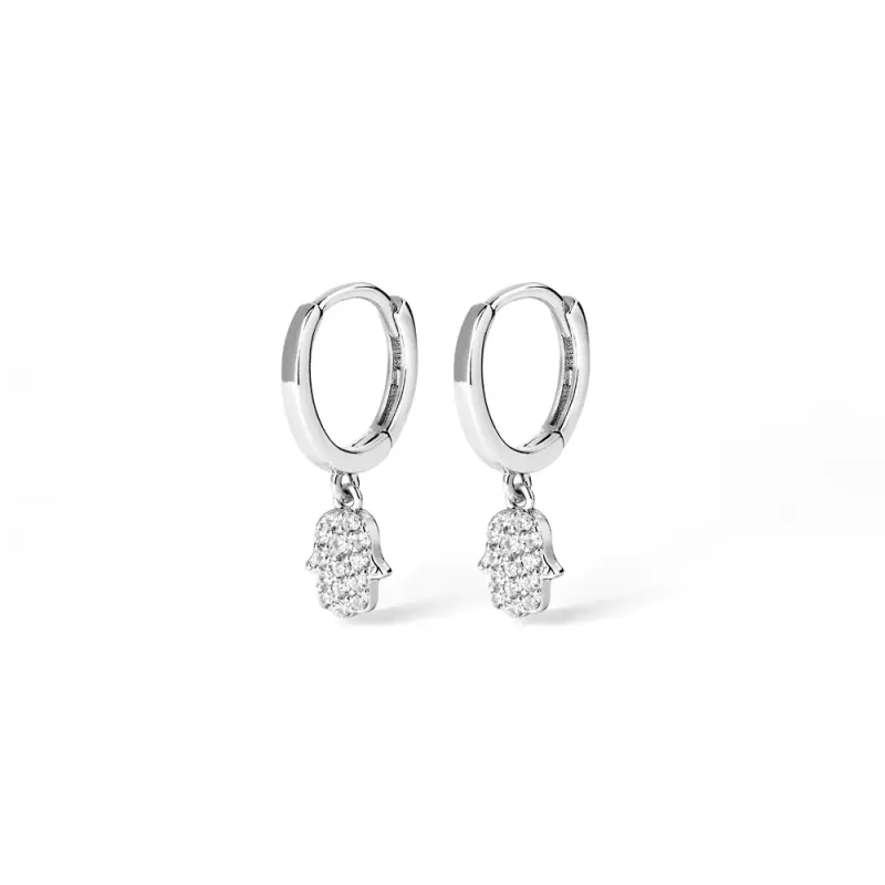 Cubic Zirconia Hamsa Drop Huggie Earrings in Sterling Silver
