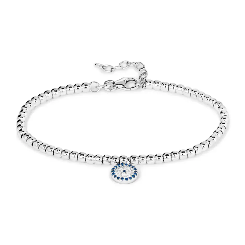 19cm Cubic Zirconia Evil Eye Charm Beaded Bracelet in Sterling Silver