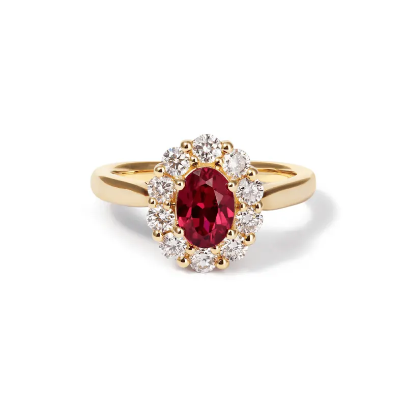 Oval Created Ruby Halo Ring with 0.62tw of Laboratory-Grown Diamonds in 9kt Yellow Gold