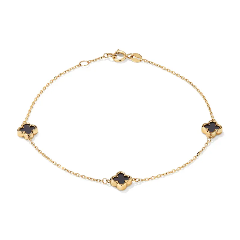 19cm Onyx Clover Station Bracelet in 9kt Yellow Gold