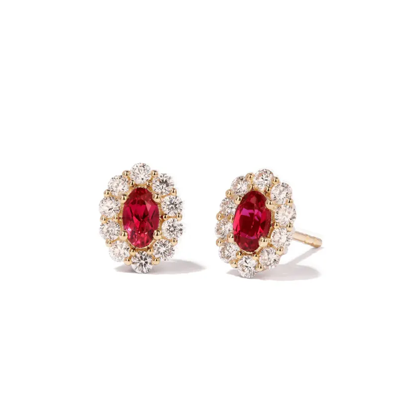 Oval Created Ruby Halo Stud Earrings with 0.44tw of Laboratory-Grown Diamonds in 9kt Yellow Gold