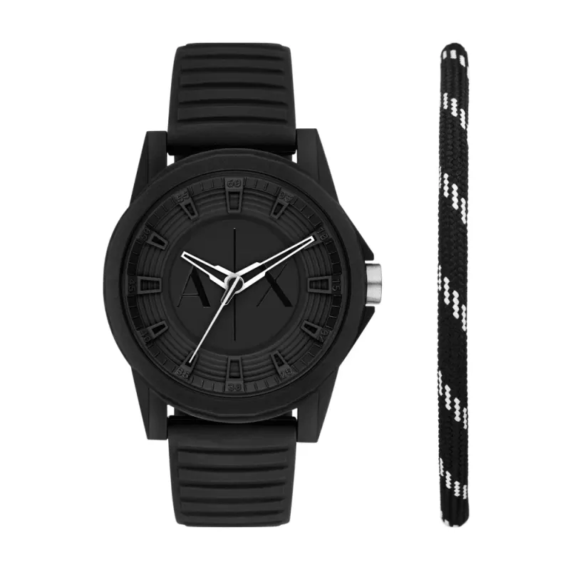 Armani Exchange Three-Hand Black Silicone Watch and Bracelet Set AX7159SET