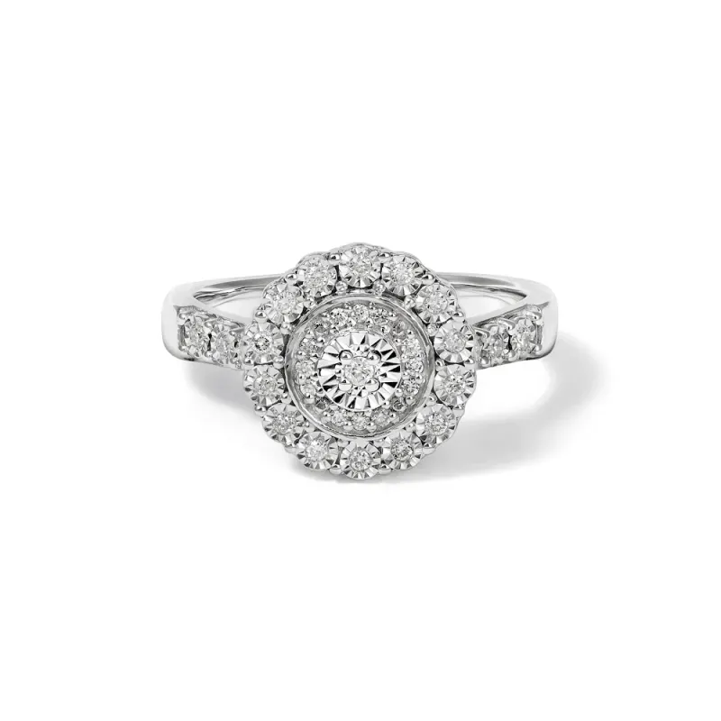 Round Shape Halo Ring with 0.15tw of Diamonds in Rhodium Plated Sterling Silver