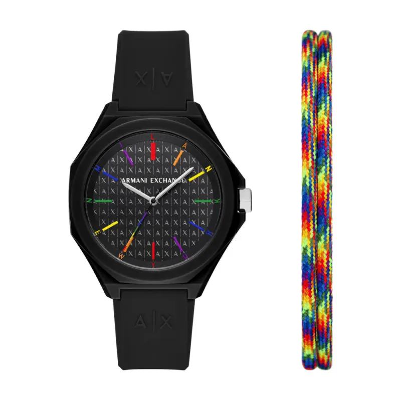 Armani Exchange Three-Hand Black Silicone Watch and Bracelet Set AX7158SET