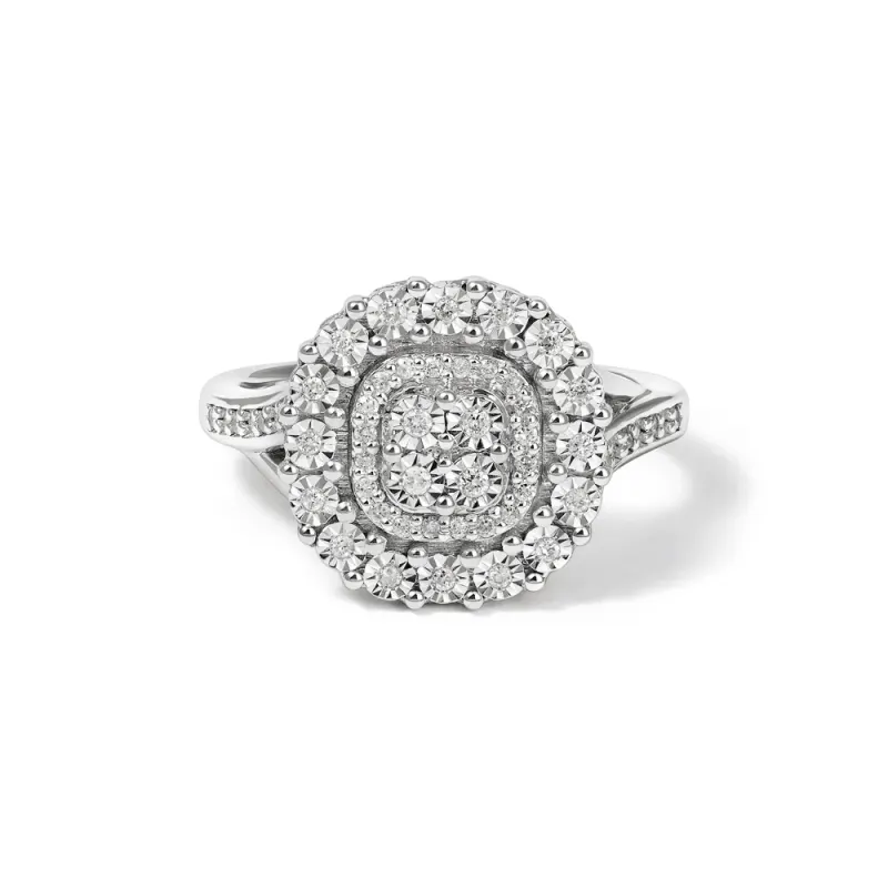 Round Brilliant Cut Miracle Set Cluster Ring with 0.15tw of Diamonds in Rhodium Plated Sterling Silver