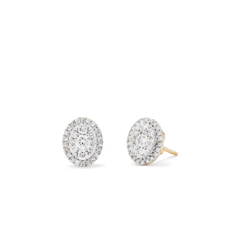 Oval Shape Cluster Halo Stud Earrings with 0.75tw of Laboratory-Grown Diamonds in 9kt Yellow Gold
