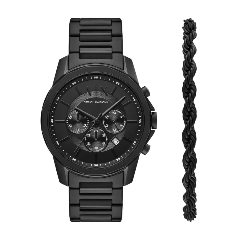 Armani Exchange Chronograph Black Stainless Steel Watch and Bracelet Set AX7163SET