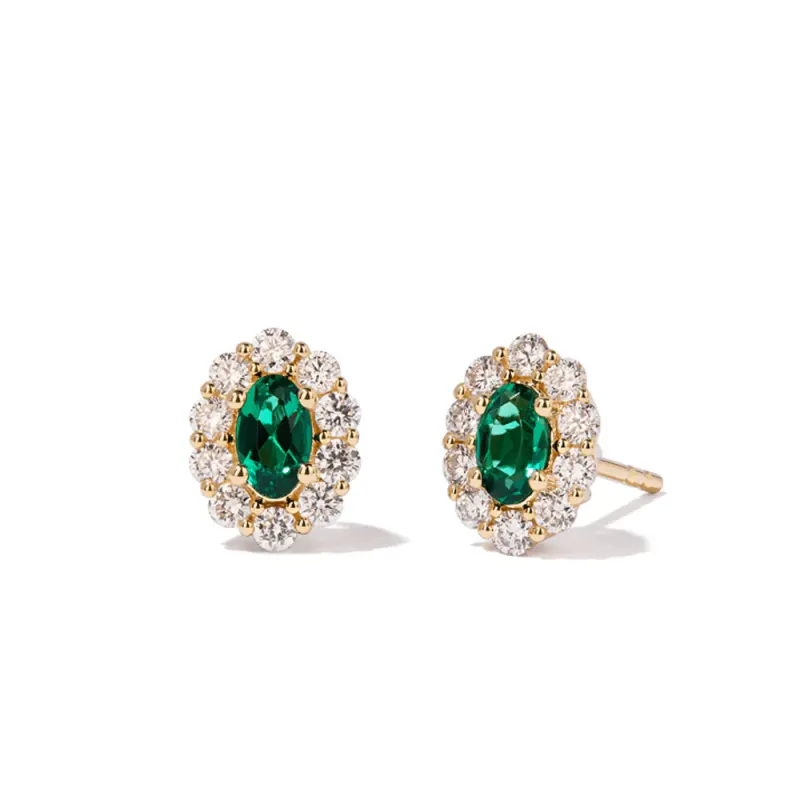Oval Created Emerald Halo Stud Earrings with 0.44tw of Laboratory-Grown Diamonds in 9kt Yellow Gold