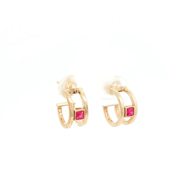 Red Cubic Zirconia Princess Cut Open J-Hoops in 9kt Yellow Gold