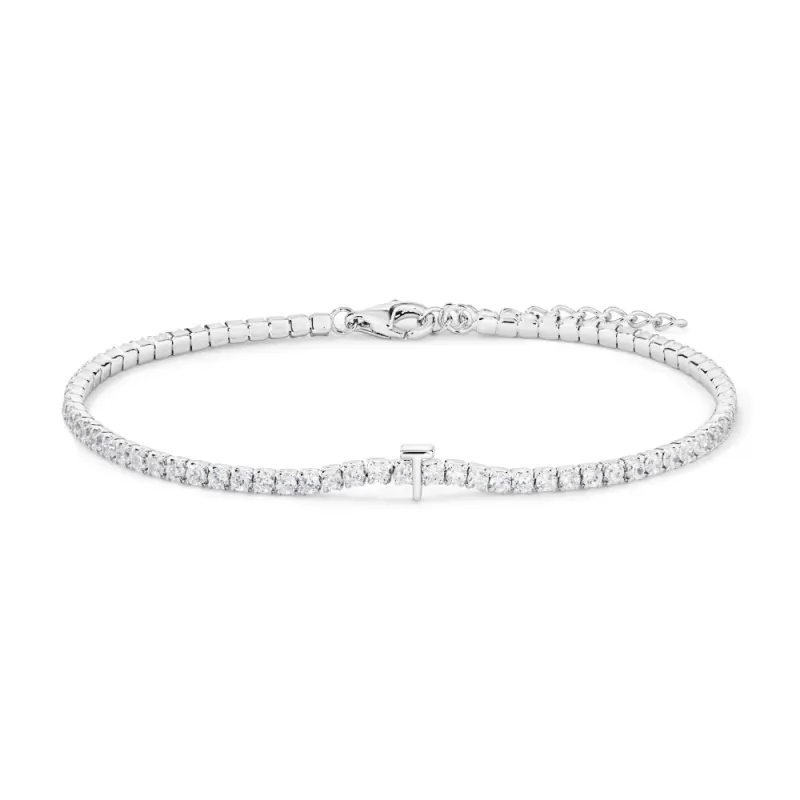 20cm Initial T Cubic Zirconia Tennis Bracelet in Sterling Silver