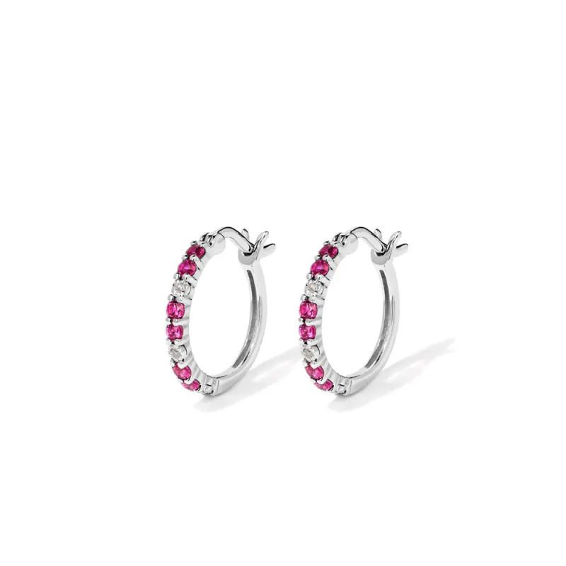 Hoop Earrings with Created Ruby and 0.02tw of Laboratory-Grown Diamonds in Sterling Silver and Platinum
