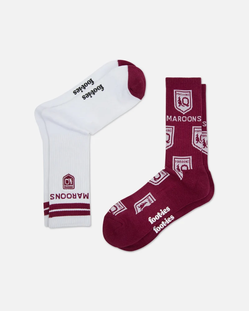 Foot-ies Queensland Maroons Icons Sneaker Socks 2 Pack White/Maroon