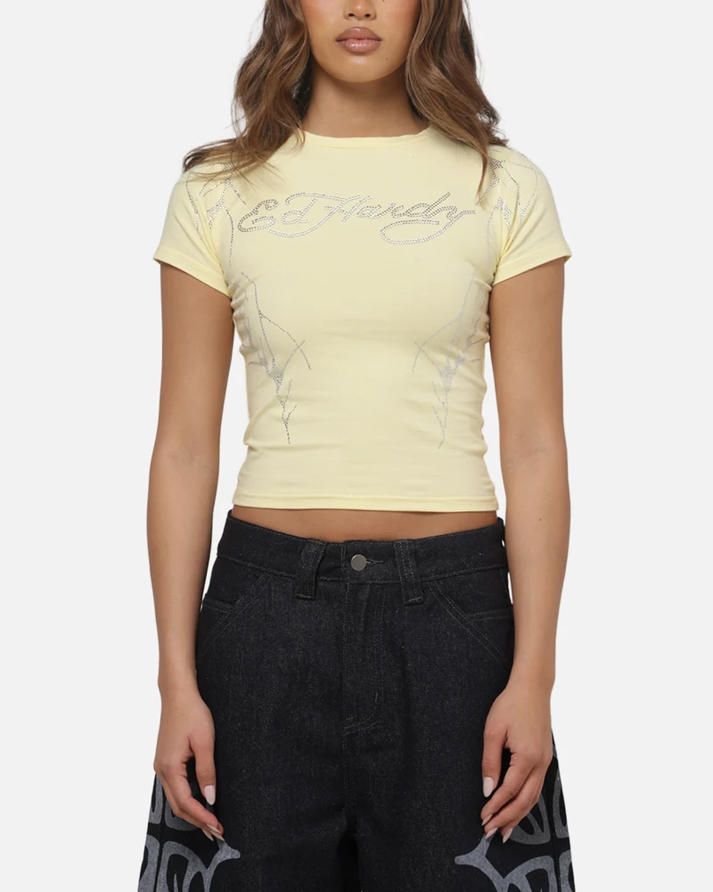 Ed Hardy Women's Cyber Rhinestone Baby T-Shirt Butter Yellow