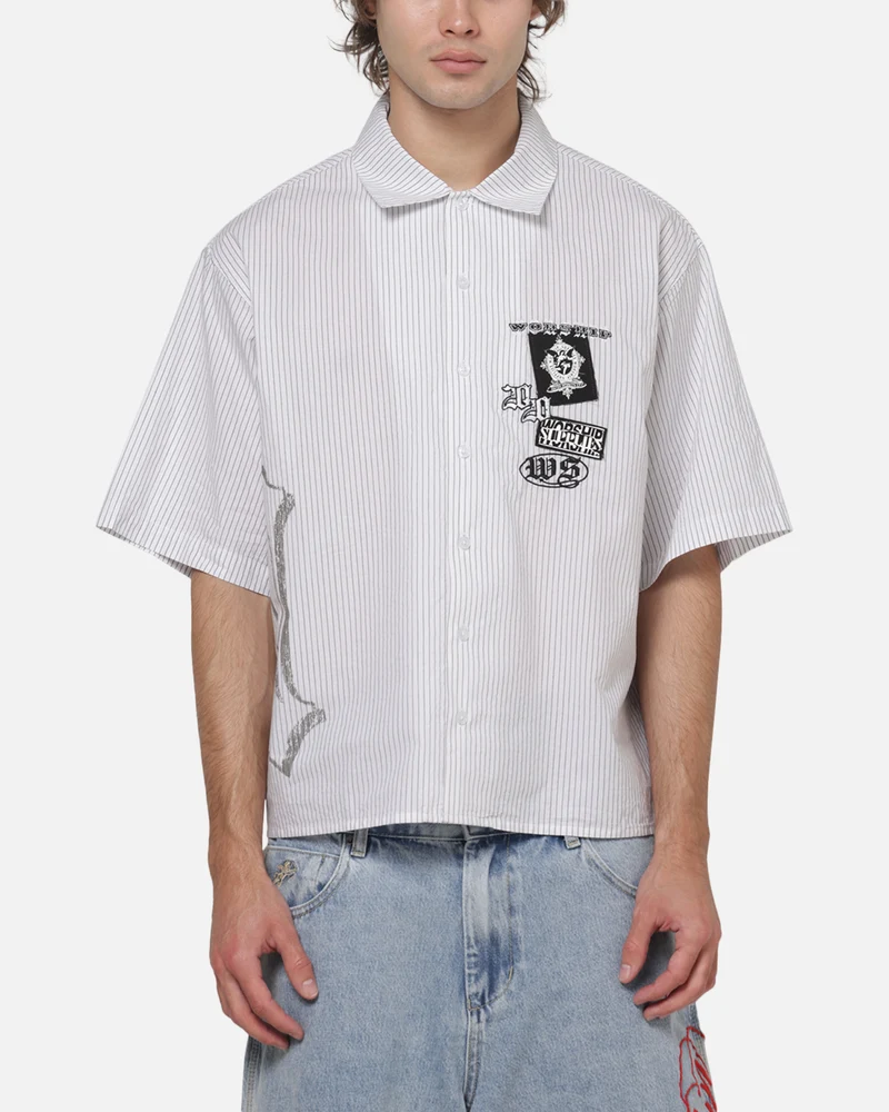 Worship Restraint Box Crop Shirt White Pinstripe