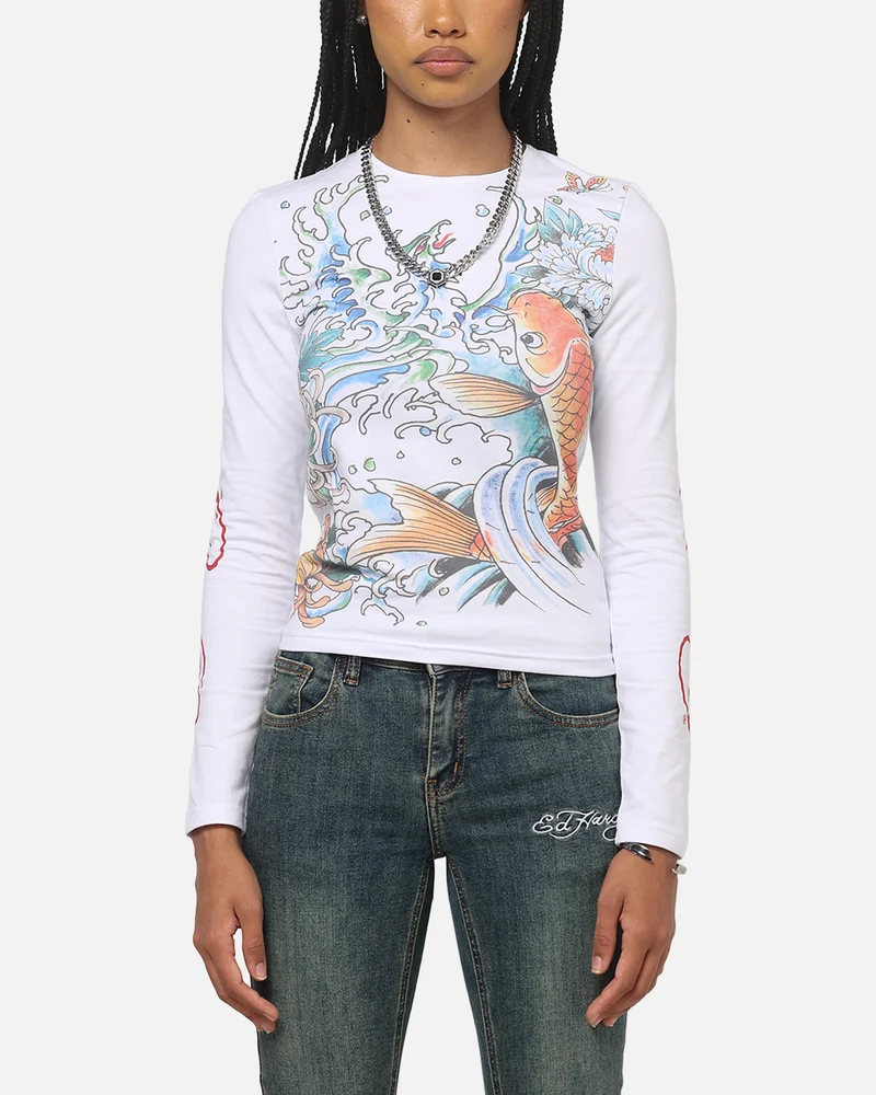 Ed Hardy Women's Koi Long Sleeve T-Shirt White