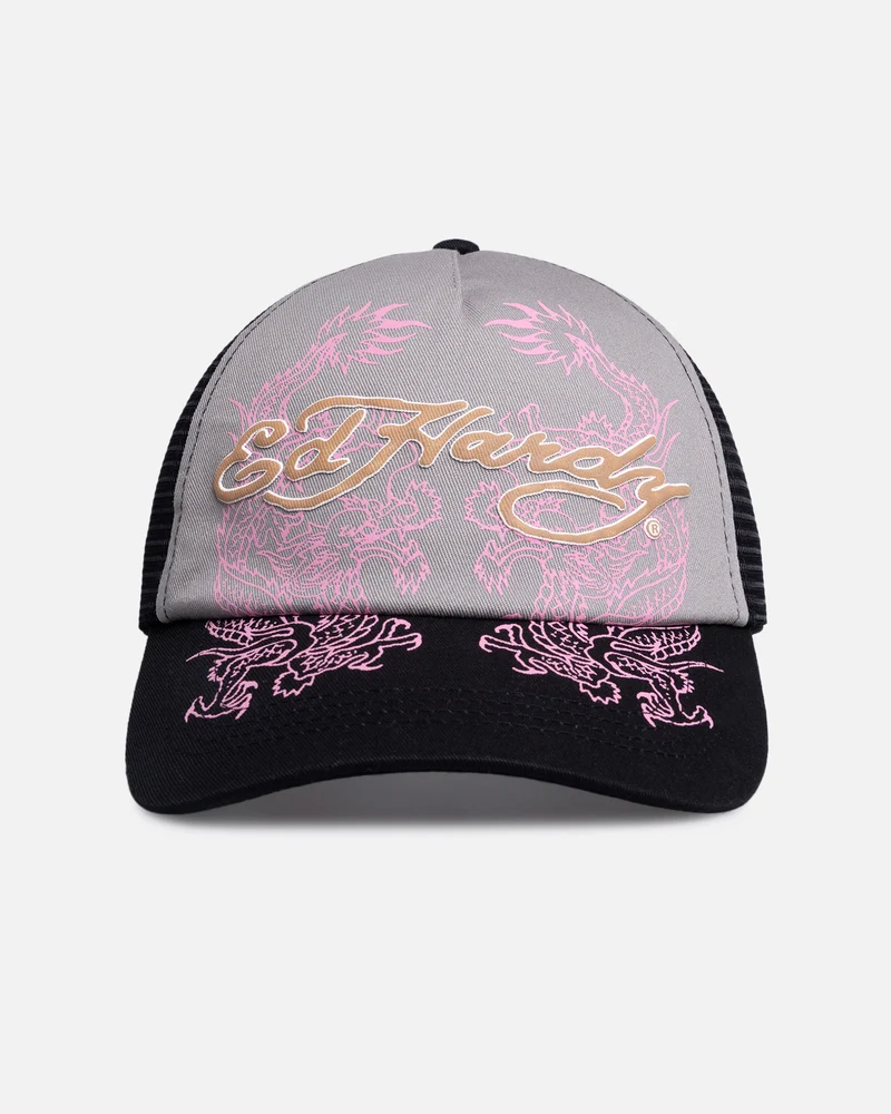 Ed Hardy Dragon Puffer Trucker Snapback Black/Pink