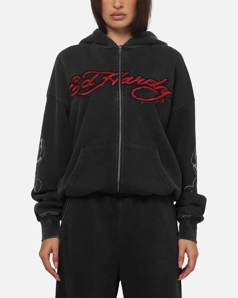 Ed Hardy Women's Rose Zip Hoodie Washed Black
