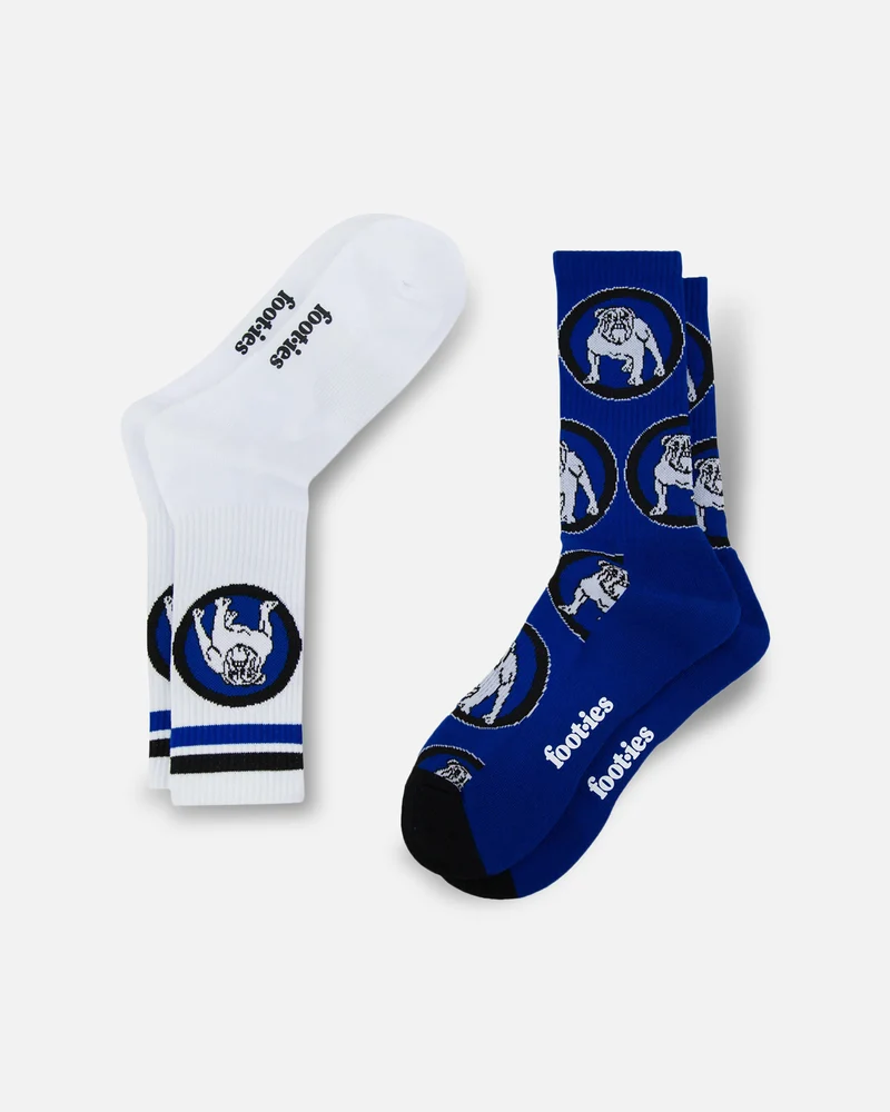 Foot-ies Canterbury-Bankstown Bulldogs Crew Socks 2 Pack White/Blue