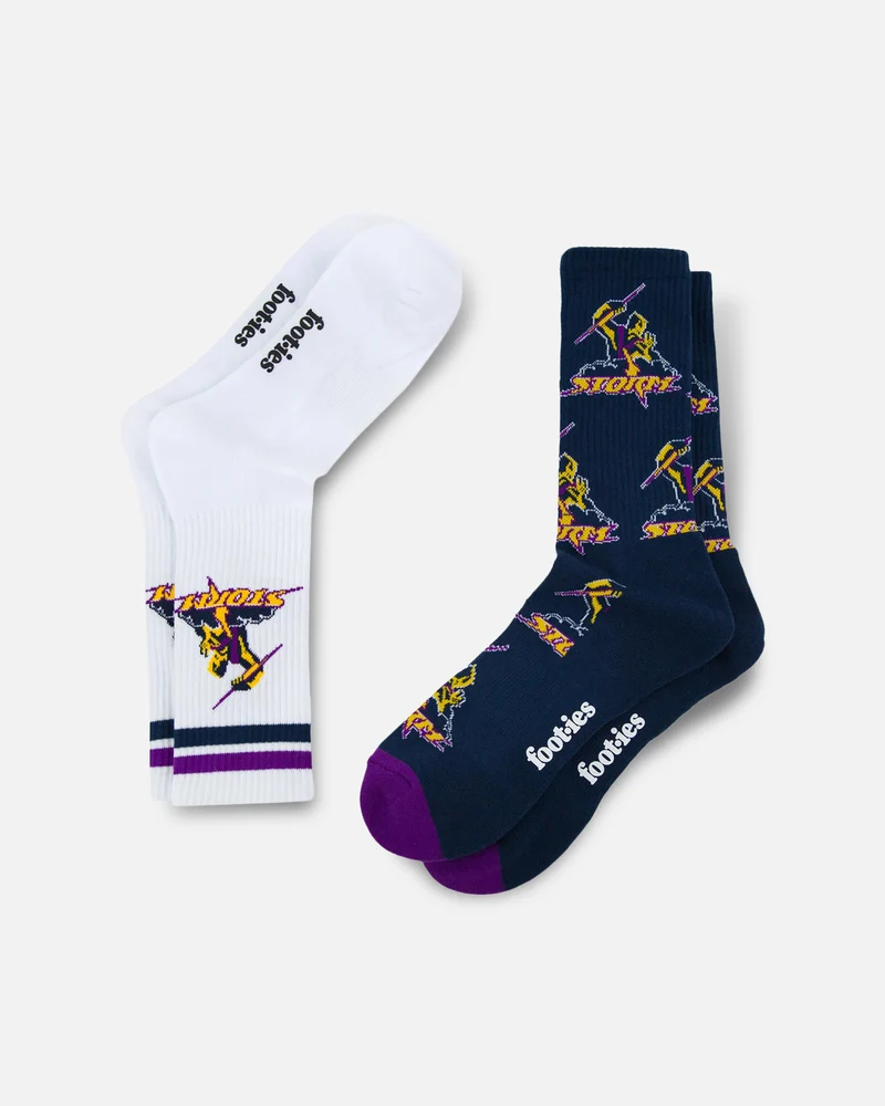 Foot-ies Melbourne Storm Crew Socks 2 Pack White/Blue