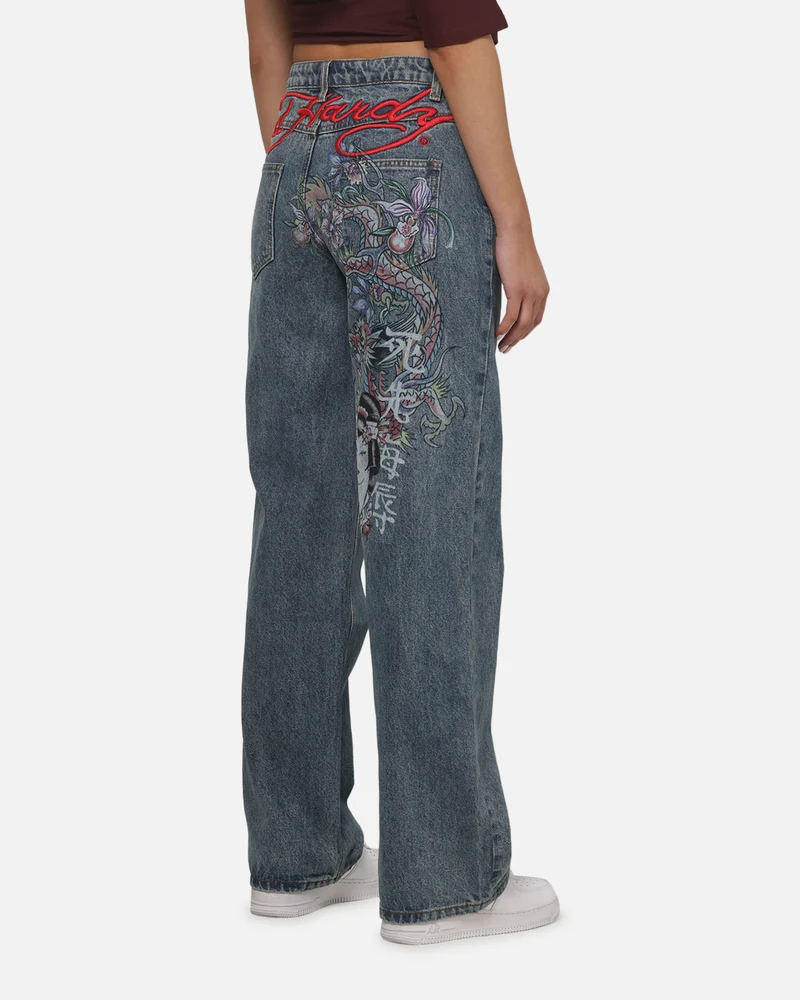 Ed Hardy Women's Death Before Dishonour Jeans Blue Mid Wash