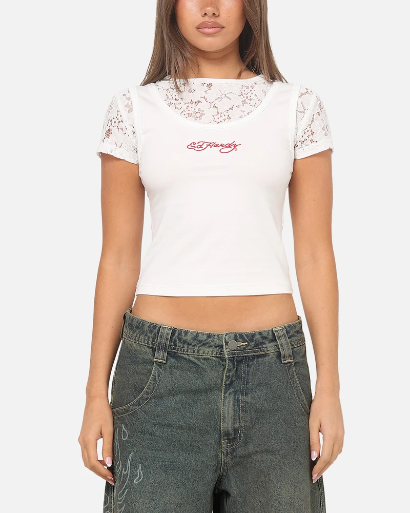 Ed Hardy Women's Layered Lace T-Shirt White