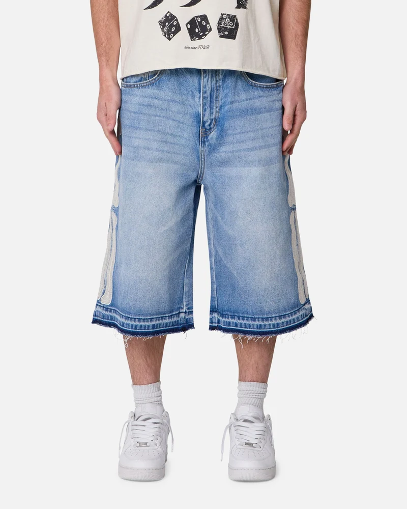 MNML Ultra Baggy Bone Denim Shorts Blue