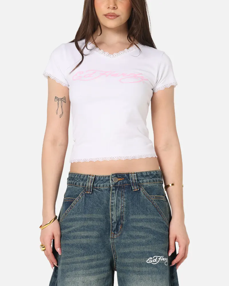 Ed Hardy Women's Lace Trim Baby T-Shirt White
