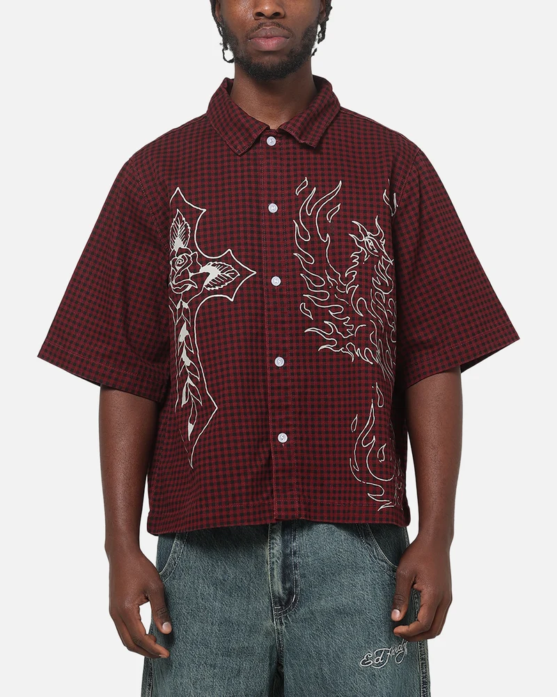Ed Hardy Ghost Tattoo Button Up Shirt Plum