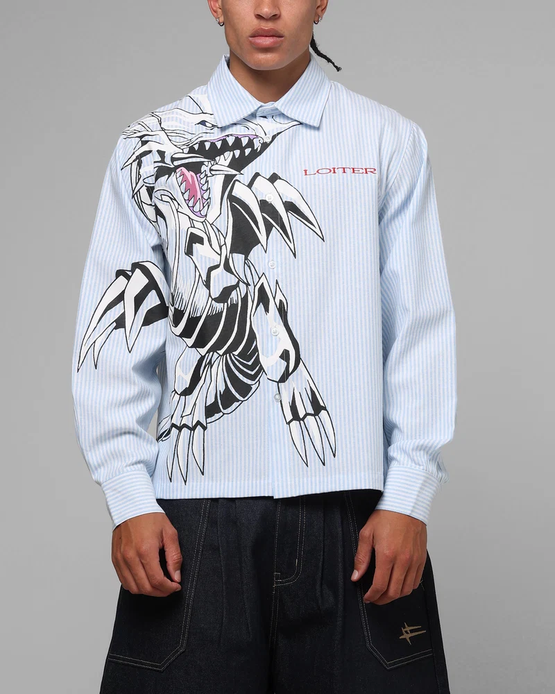 Loiter x Yu-Gi-Oh! Blue Eyes Button Up Shirt Blue Stripe