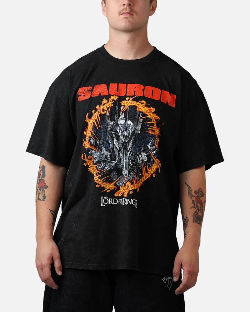 73Studio X Lord Of The Rings Sauron Ring Of Fire T-Shirt Black Acidwash