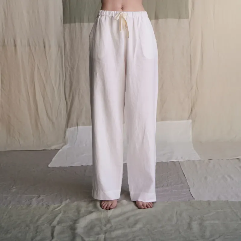 100% Linen Womens's Wide Leg Pants in White