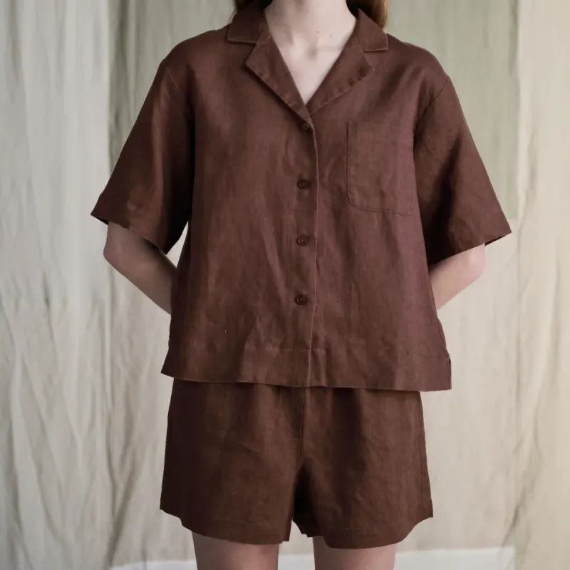 100% Linen Boxy Short Sleeve Shirt in Cocoa